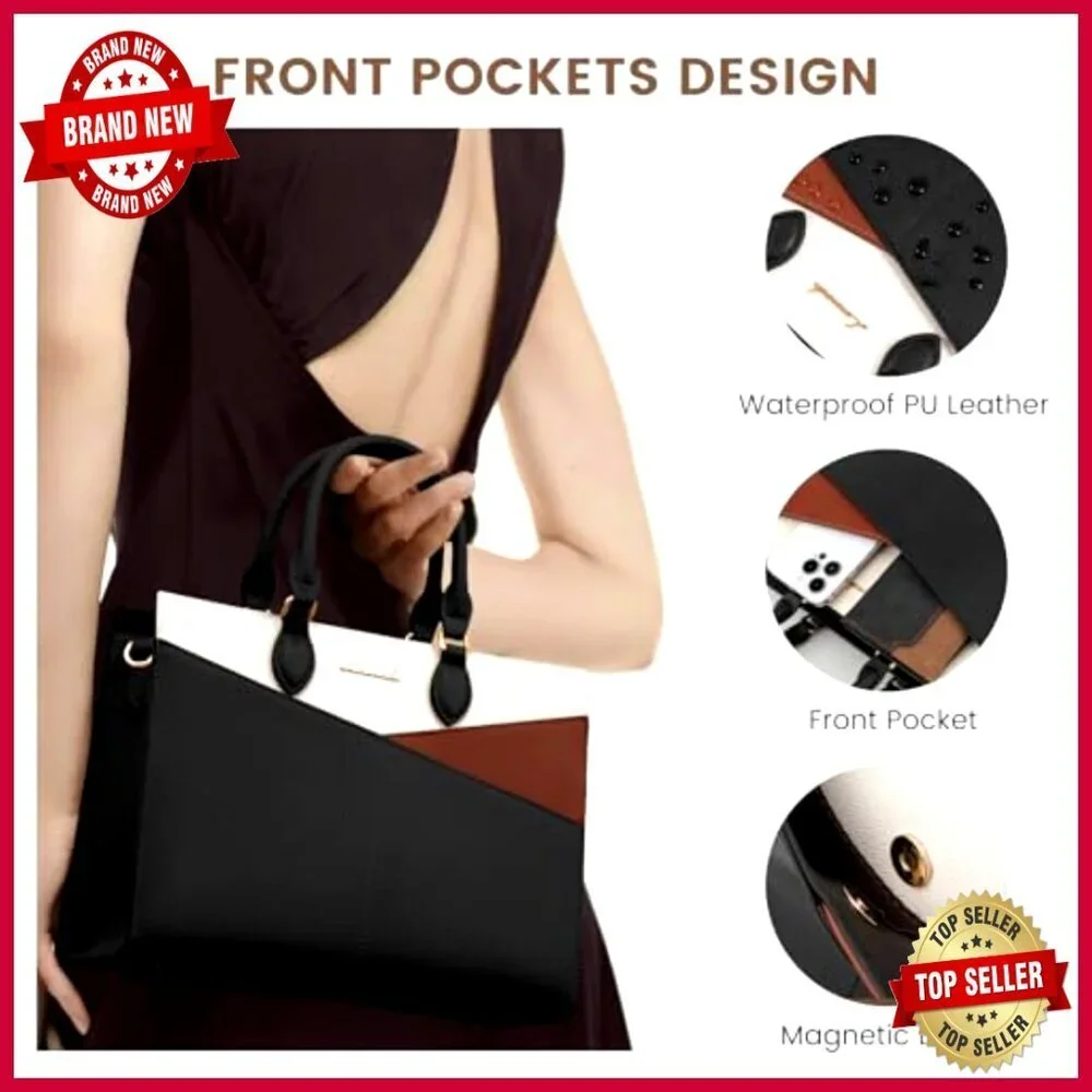 Large PU Leather Satchel Tote with Adjustable Strap, 6 Pockets